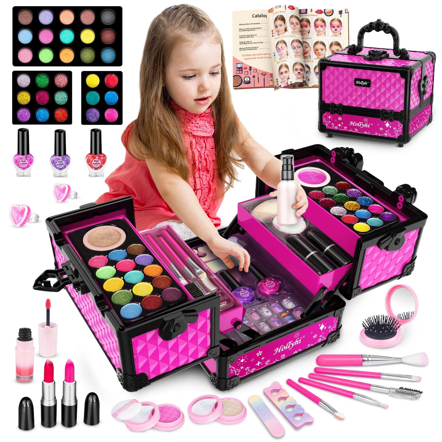 Hollyhi Kids Makeup Kit - 59 Pcs Washable Play Makeup Set, Pink Cosmetic Case for Girls Ages 3-12, Pretend Beauty Vanity Toys