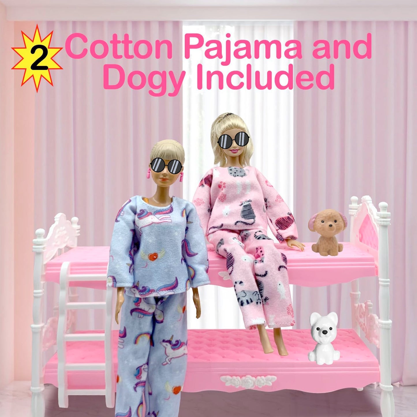 Dolls Clothes And Accessories, Bunk Bed Playset, 2 Blankets, 2 Fashion Dresses, 2 Clothing Outfits, Bedroome Set For 11.5 Inch Dolls, With 2 Pajamas