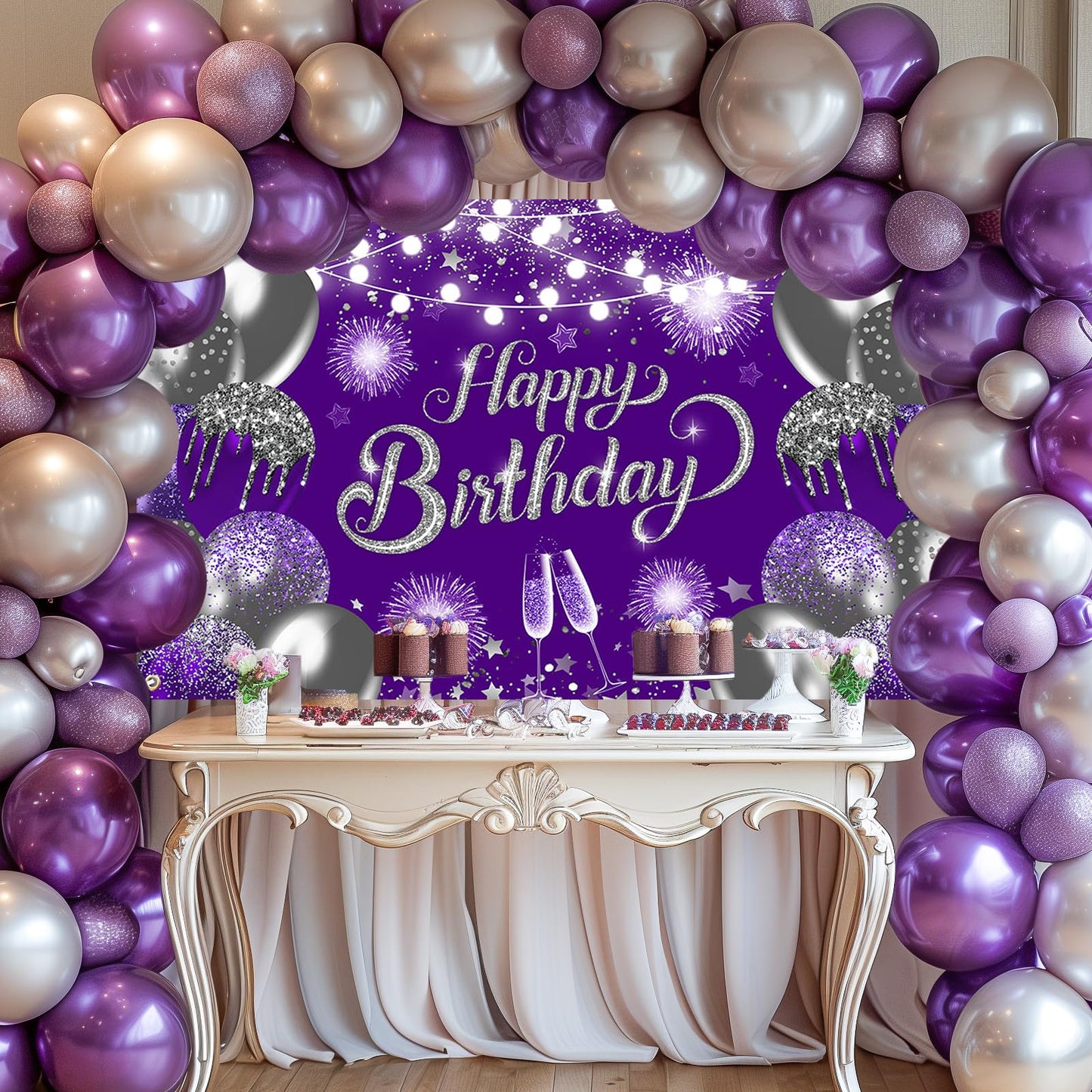 Lecheme Purple Silver Happy Birthday Backdrop 6x3.6 ft Purple Banner for Silver Birthday Party Decorations Photo Booth Props