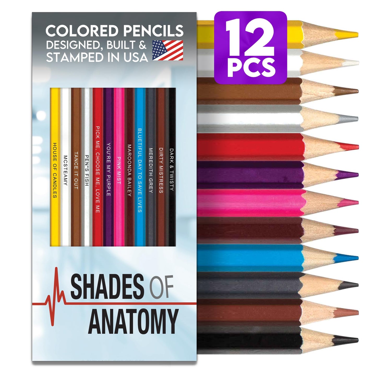 Pun Labs Greys Anatomy-Inspired Colored Pencils Set for Adults - 12 Drawing Pencils with Foil-Stamped Names - Greys Anatomy Gi