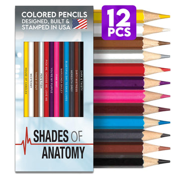 Pun Labs Greys Anatomy-Inspired Colored Pencils Set for Adults - 12 Drawing Pencils with Foil-Stamped Names - Greys Anatomy Gi