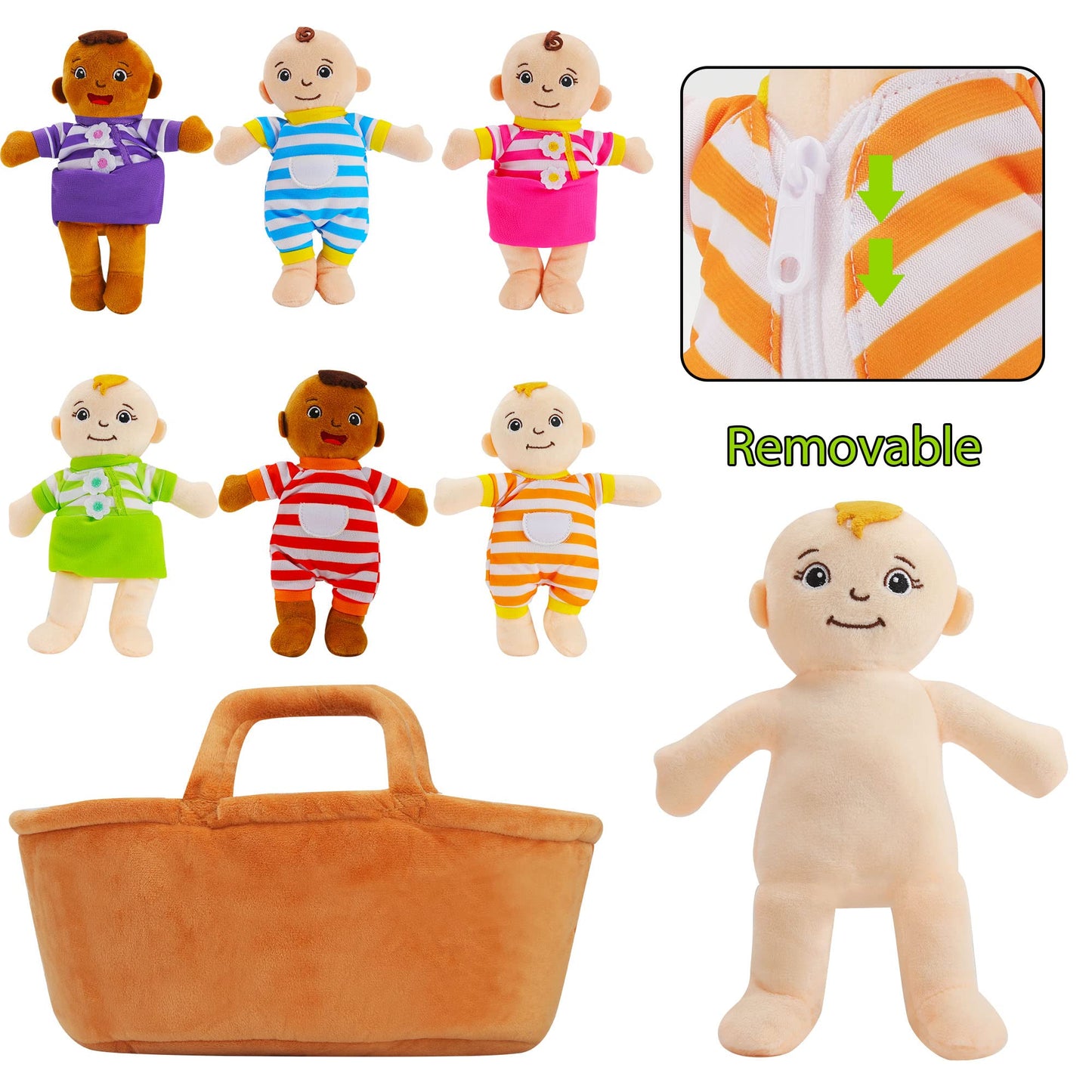 Qpewep Basket Of Babies Plush Dolls, 8' Plush Diversity Baby Dolls- 6 Piece Set Interchangeable Clothes Stuffed Plush Figures For All Ages Easter Gift