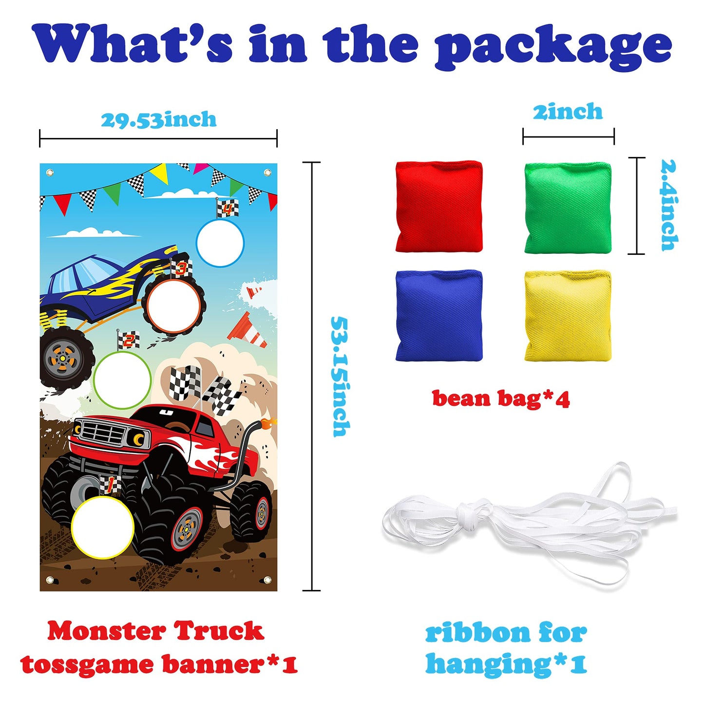 BeYumi Monster Truck Toss Game Banner with Bean Bags Checkered Party Game for Indoor Outdoor Activities 4 Score Holes Game Monster Truck Theme Birthday Party Supplies for Kid mature-themed