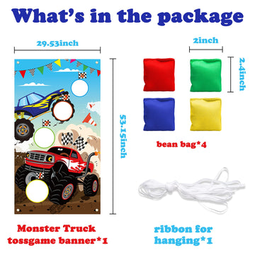 BeYumi Monster Truck Toss Game Banner with Bean Bags Checkered Party Game for Indoor Outdoor Activities 4 Score Holes Game Monster Truck Theme Birthday Party Supplies for Kid mature-themed