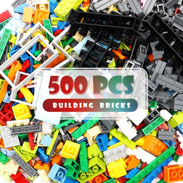Unirolic 500Pcs Classic Building Blocks, Basic Building Bricks With Wall Blocks, Wheels, Windows & Door Pieces, Mix Colors Bulks