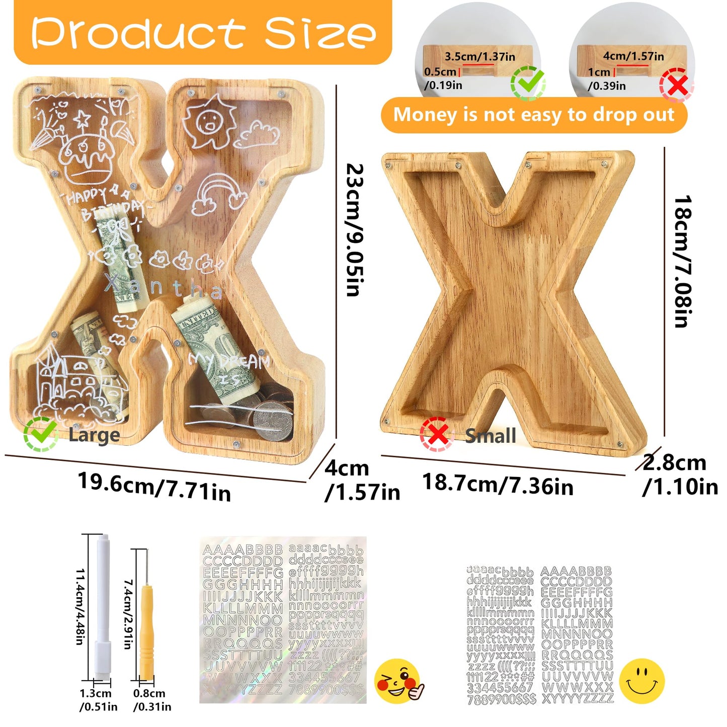 weallbuy Large Letter Piggy Bank for Kids Boys Girls Wooden Personalized Piggy Banks A-Z with Target Area Clear Alphabet Banknote Coin Banks for Gift Decoration Baptism (X)