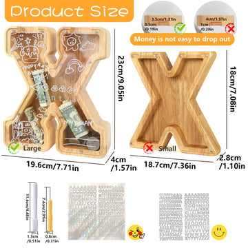 weallbuy Large Letter Piggy Bank for Kids Boys Girls Wooden Personalized Piggy Banks A-Z with Target Area Clear Alphabet Banknote Coin Banks for Gift Decoration Baptism (X)