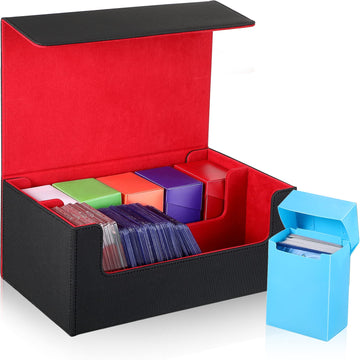 Yexiya 7 Pcs Deck Card Boxes, 1 Leather Deck Storage Box With 6 Plastic Deck Card Cases Playing Cards Box(Black, Red)