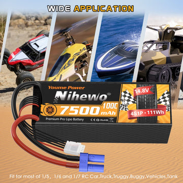Nihewo 2Packs 4S Lipo Battery, 14.8V 7500mAh Lipo Batteries Hardcase 100C EC5 Plug Compatible with Arrma E-flite 1/5 1/6 1/7 1/8