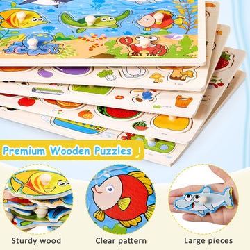 Chivao 10 Pack Wooden Peg Puzzles For Toddlers Jigsaw Learning Puzzles For Kids Wooden Toddler Toys With Alphabet Number Animal Vehicle Shape