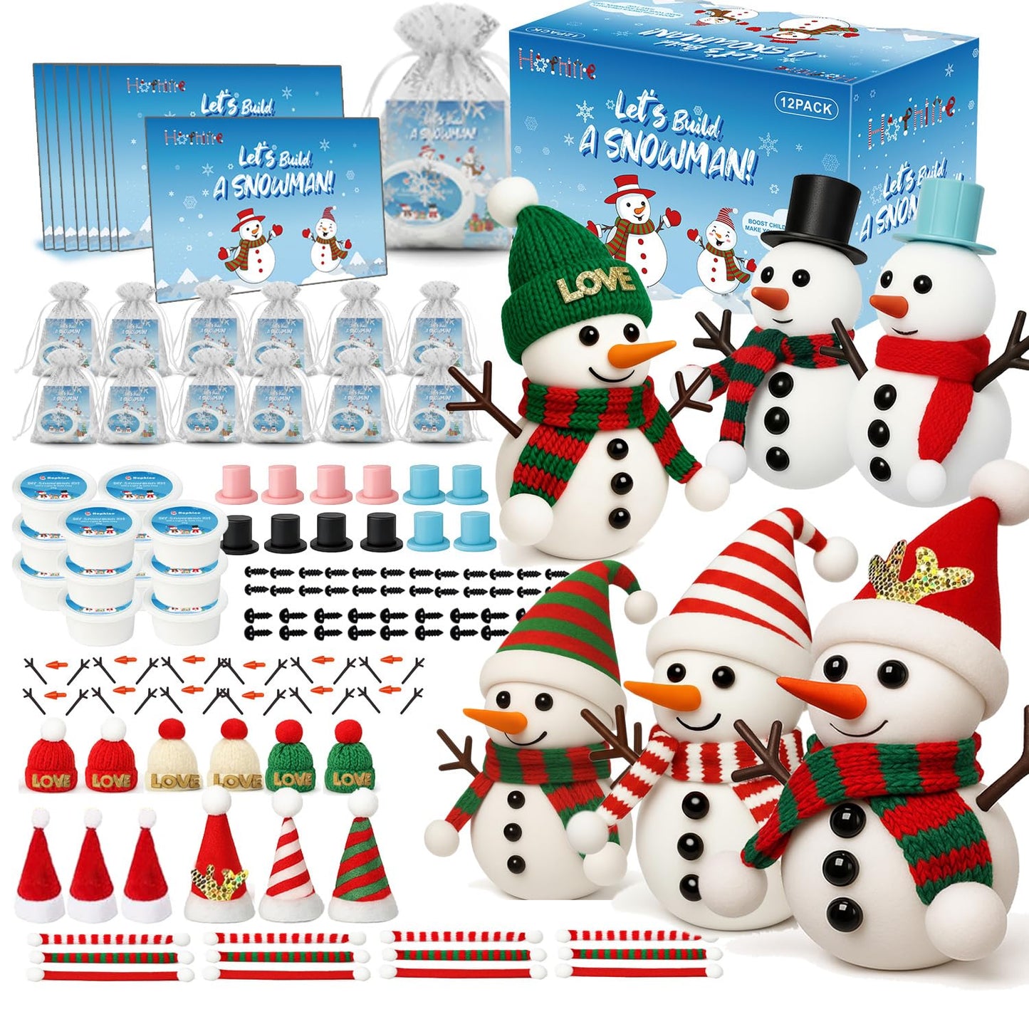 Christmas Crafts Snowman Kit with Cards, 12-Pack DIY Snowman Craft Kit for Kids, Creative Modeling Clay Build a Snowman Making K