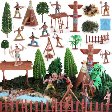 44 Pcs Native American Indians Figures Toys Set, Plastic Figurine Toys Includes Indian Figurines, Trees, Moss, Sand, Stones For Kids Historical Education School Project Decoration Birthday Halloween