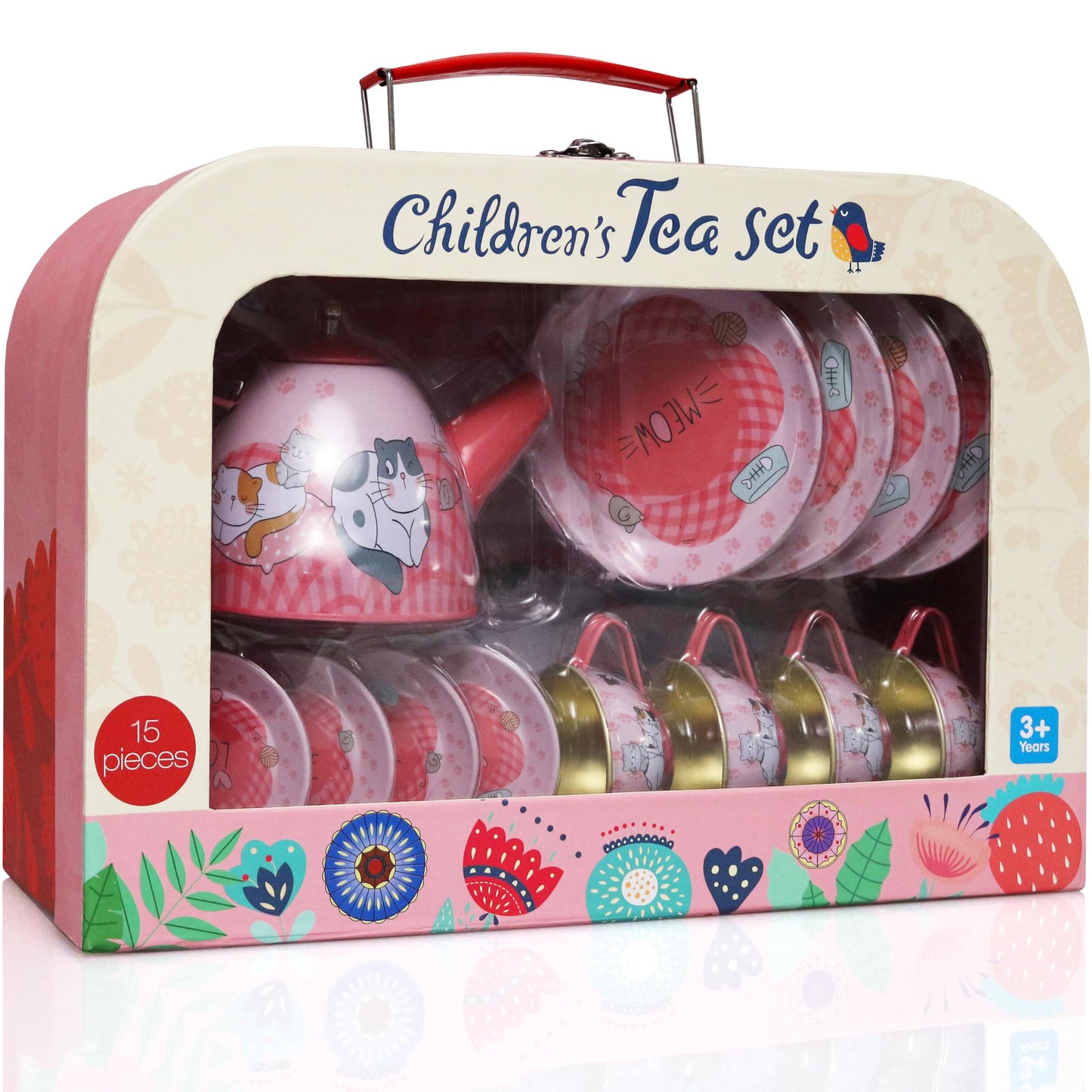 Kiddie Play Tea Set For Little Girls, Pretend Play Tea Party Set, Cat Design Kids Tin Tea Set With Carrying Case (15 Pcs)