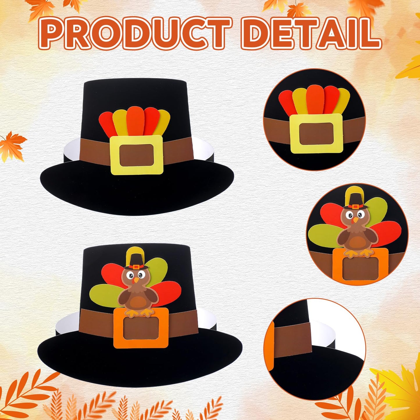 Jenaai 24 Pcs Pilgrim Hat Craft Kit with Turkey Decoration Thanksgiving Novelty Hats Autumn Handmade Fun Home Activity DIY Suppl