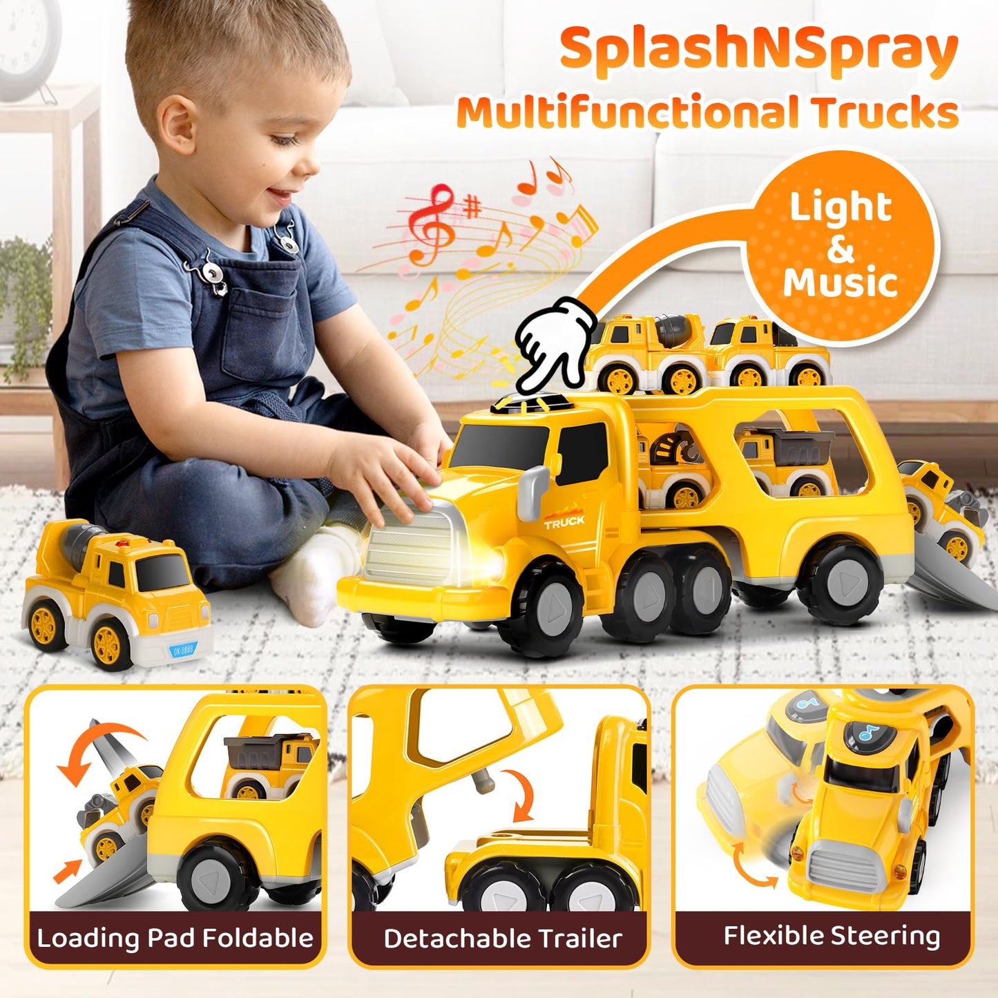 SplashNSpray 8 in 1 Fire Truck Toy Cars for Kids, Carrier Truck for 3 4 5 6 Years Old Boys Girls Toddlers, Pull Back Cars Set wi