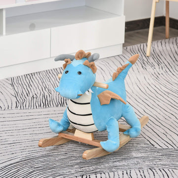 Qaba Kids Plush Ride-On Rocking Horse Toy Dinosaur Ride Rocking Chair With Realistic Sounds For18-36 Months, Blue