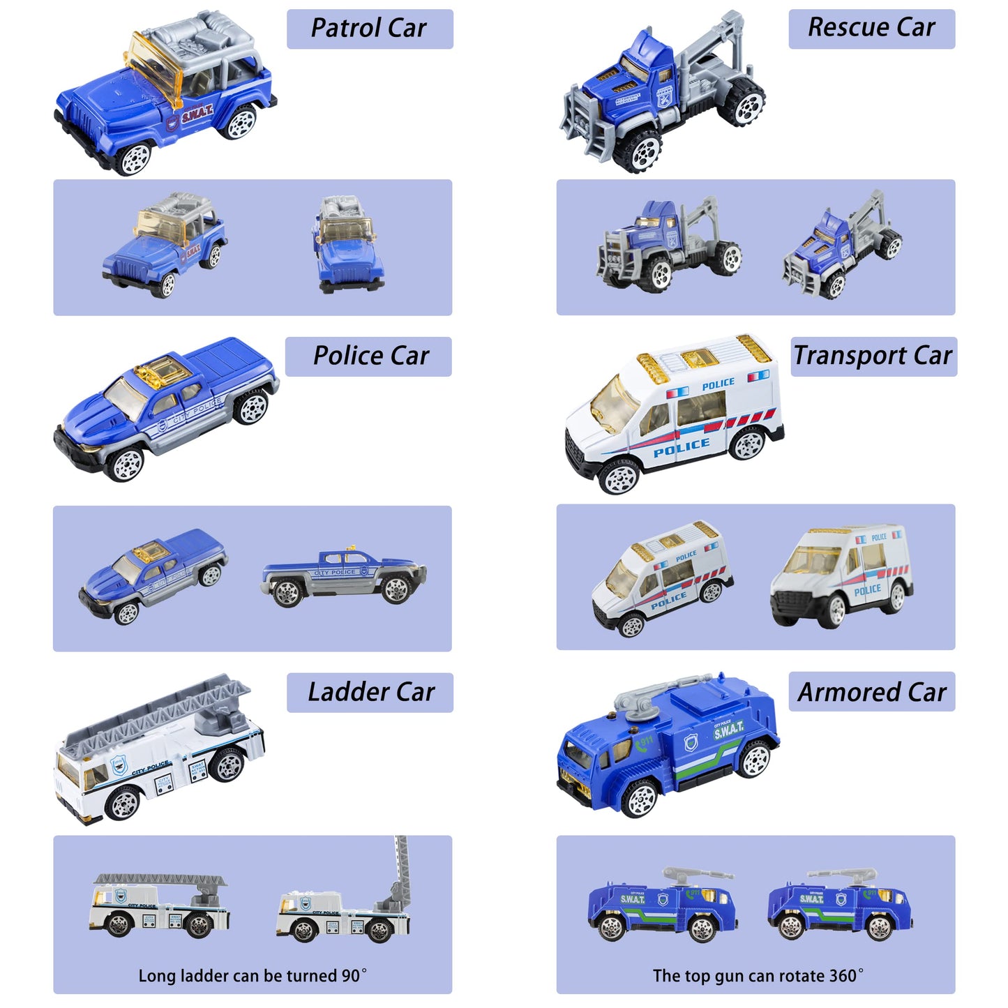 BenRich 6Pcs Mini Die Cast Metal Car Toys 1/64 Scale - Ladder Truck, Water Tower Truck, Ambulance, Transport Car, Patrol Vehicle