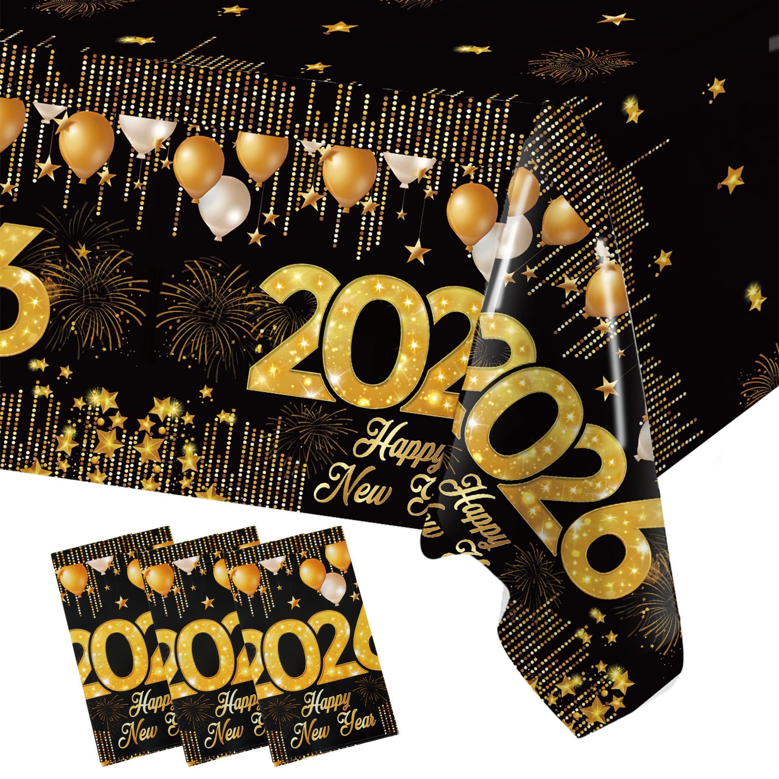 Staraise 3PCS New Years Tablecloths, Black and Gold Plastic Tablecloth Happy New Year Table Decorations Disposable Rectangular P