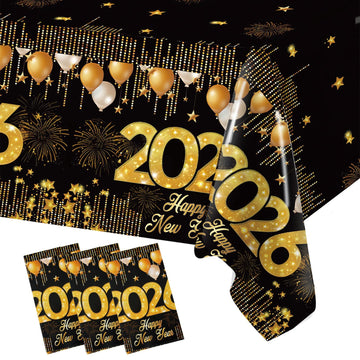 Staraise 3PCS New Years Tablecloths, Black and Gold Plastic Tablecloth Happy New Year Table Decorations Disposable Rectangular P