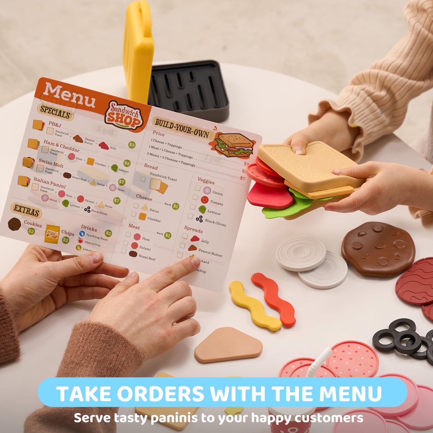 Play Food Toy For 3 4 5 6 Year Old Kids, 35 Pcs Play Kitchen Accessories, Interactive Panini Sandwitch Making Toy With Menu And