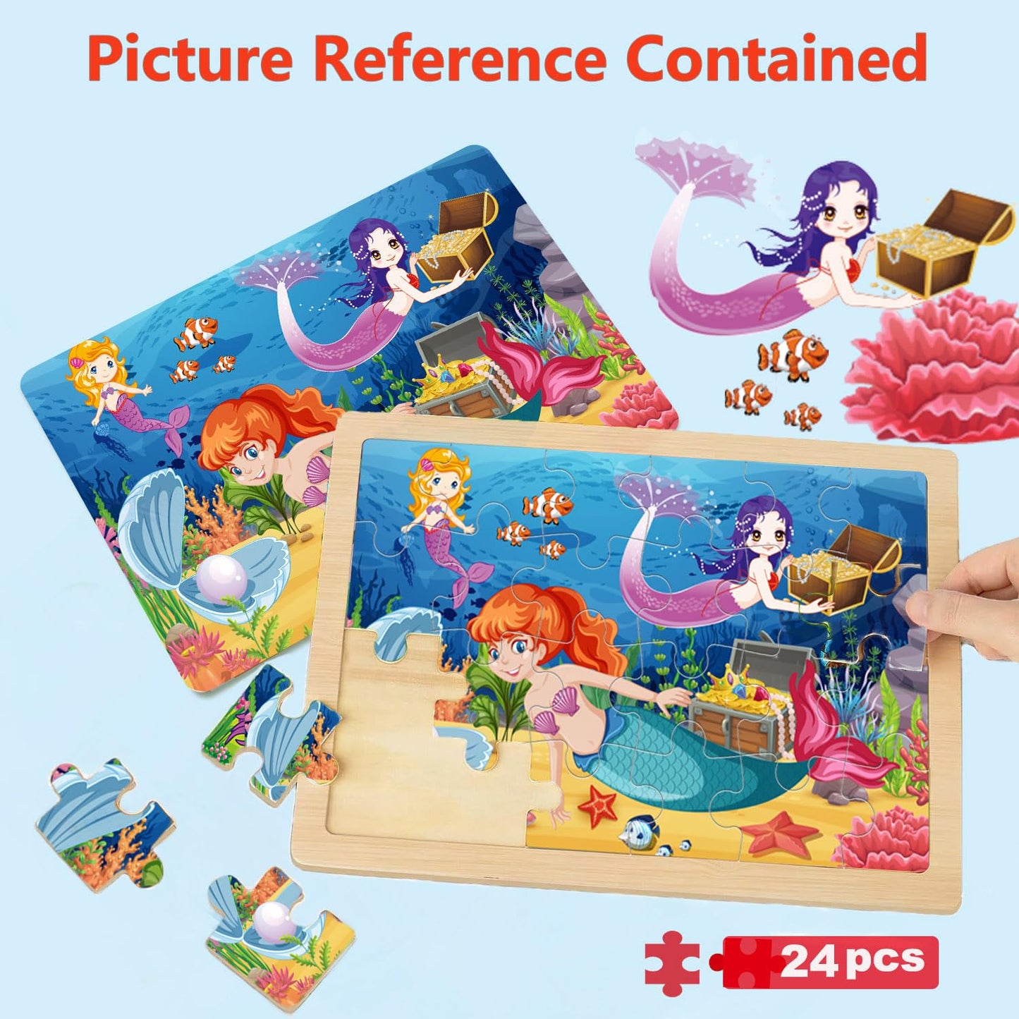 Wooden Puzzles For Kids Ages 4-6, 4 Packs 24 Pcs Unicorn Mermaid Princess Fairy Jigsaw Puzzles, Preschool Educational Brain Teas