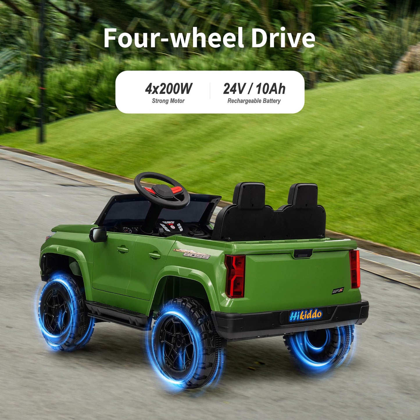 Hikiddo 24V 10Ah Ride on Toy for Big Kids, 4WD 2 Seater Electric SUV Kids Car to Drive w/Remote Control, 4x200W Motors - Army Gr