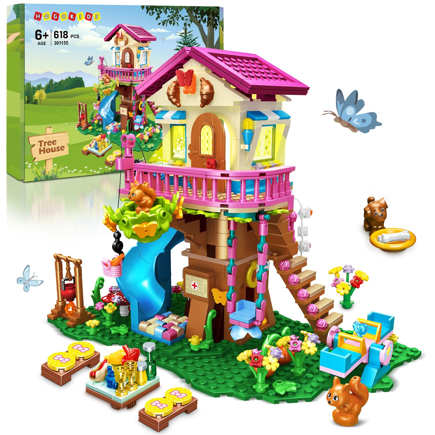 Hogokids Tree House Building Set With Led Light - 622Pcs Treehouse Building Blocks Toys, Forest Up House Building Kit With Slide, Birthday Gifts For Kids Girls Boys Age 6 7 8 9 10 11 12+