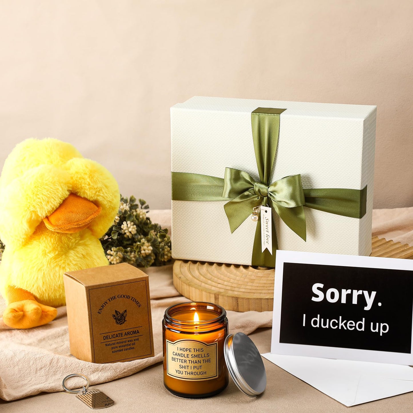 HyDren 5 Pcs Im Sorry Gifts Set with Big Box Include Adorable Apology Duck Gifts Candle Sorry I Ducked up Card Keychain Soft Fo