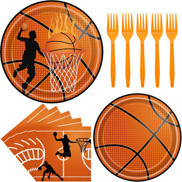 96PCS Basketball Party Supplies - Dinnerware Sets with Plates, Napkins, Forks - Boys Birthday Party Decorations - Serves 24