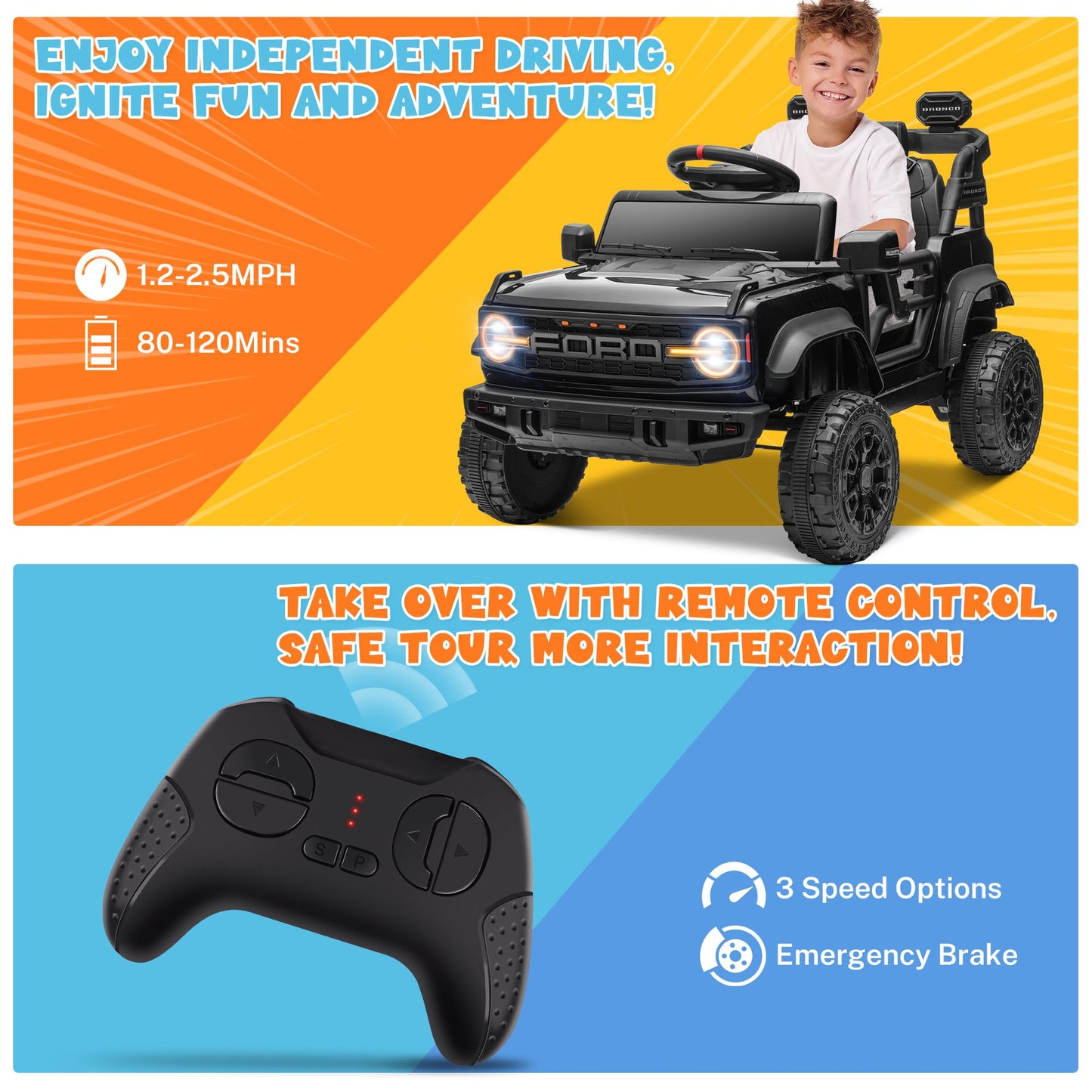 Enyopro 12V Licensed Ford Bronco Raptor Ride On Truck Car For Kids, Electric Play Car Ride-On Toy W/Parent Remote Control, 4-Whe