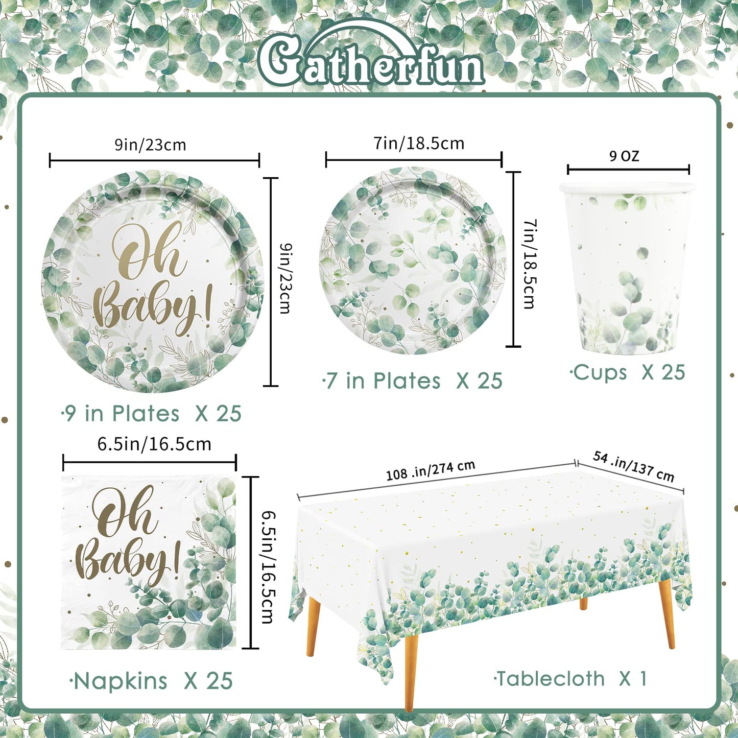 Sage Greenery Baby Shower Party Supplies Disposable Paper Plates Napkins Cups And Tablecloth For Boho Greency Party Decorations,
