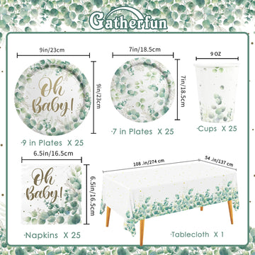 Sage Greenery Baby Shower Party Supplies Disposable Paper Plates Napkins Cups And Tablecloth For Boho Greency Party Decorations,