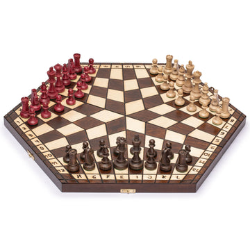 Husaria Wooden Three-Player Chess Game Set - 21 Inches - With Foldable Board, Handcrafted Playing Pieces, And Felt-Lined Storage