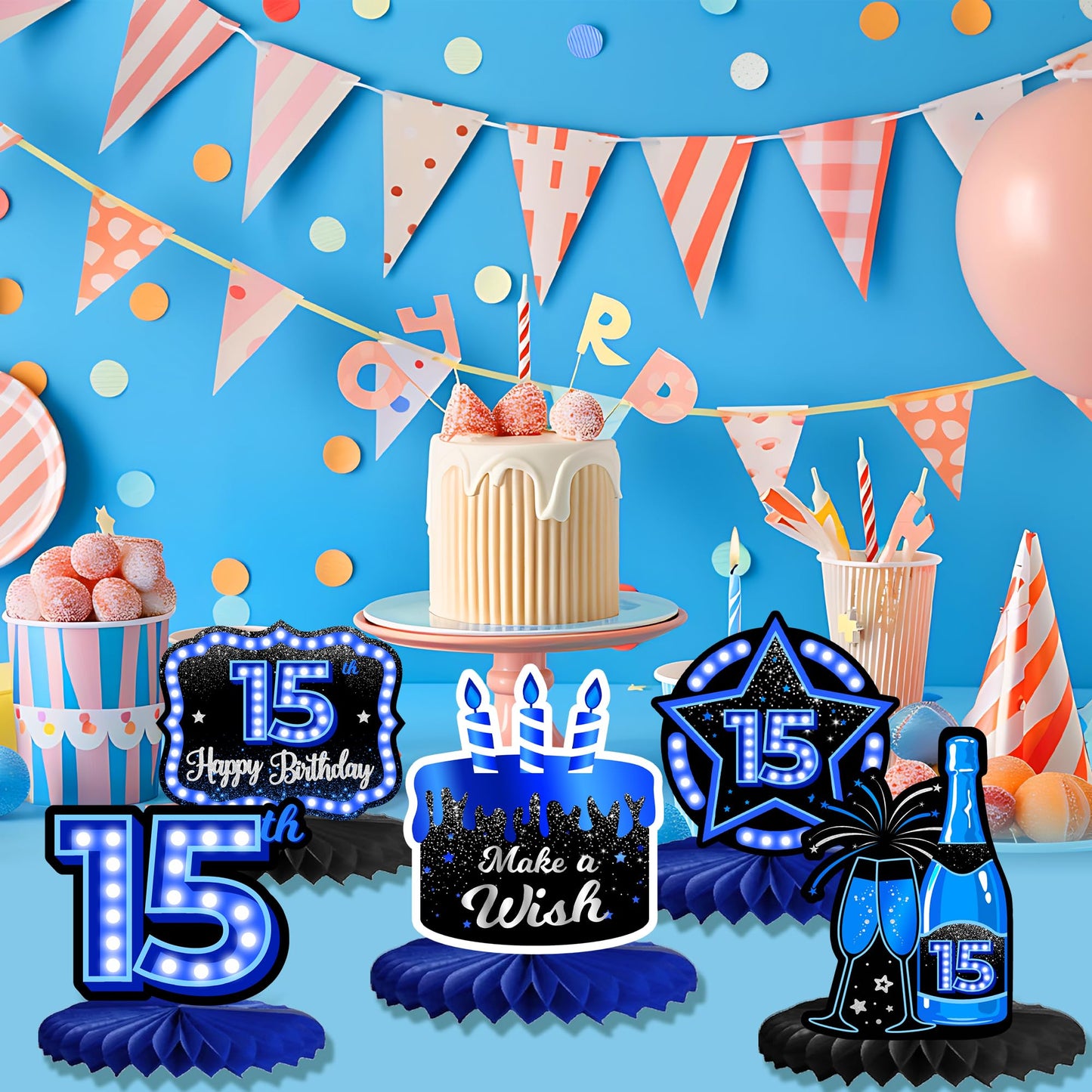 Happy 15th Birthday Honeycomb Centerpieces 9Pcs Stylish Sophisticated Blue Neon Theme Table Decor for Boys Girls Birthday Party