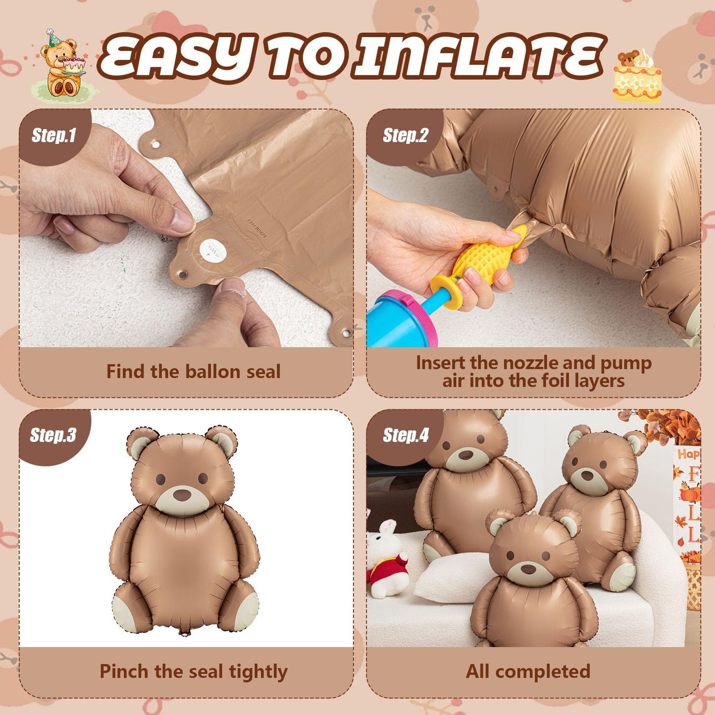 Simgoing 12 Pcs 21x35 Big Brown Bear Balloons Matte Cartoon Bear Foil Birthday Balloons for Home Decor Jungle Animal Farm Safa