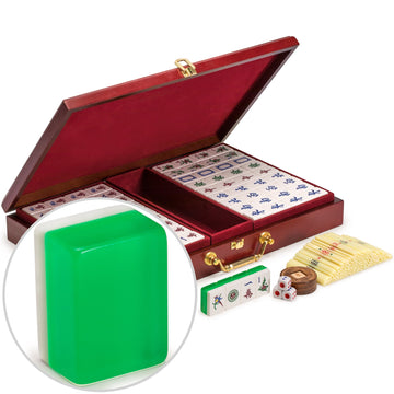 Yellow Mountain Imports Classic Chinese Mahjong Set - 148 Translucent Green Tiles in Emerald Wooden Case, 14.6"x10.8"x2.2"