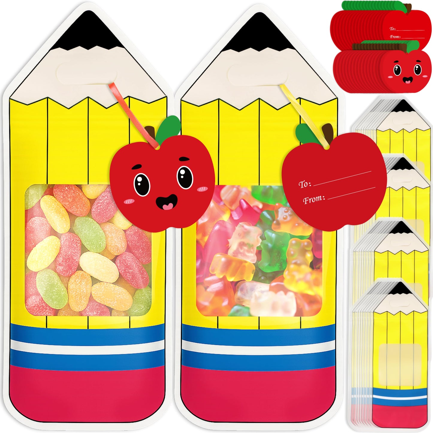 36PCS Back to School Goodie Bags Gifts Bulk: Students Teachers Party Favors, Plastic Candy Snack Pencil Treat Bag with Card, Tea