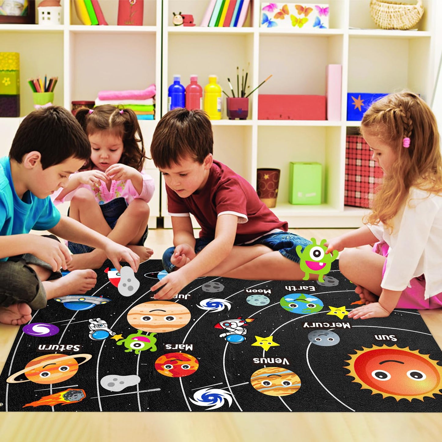 WATINC 44Pcs Outer Space Felt Story Board Set 3.5 Ft Solar System Universe Storytelling Flannel Interactive Play Kit with Hooks
