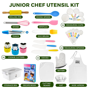KEFF Kids Cooking and Baking Sets for Girls, Boys, Toddler with Real Kitchen Tools - Master Chef Jr Kit Includes Apron, Chef Hat