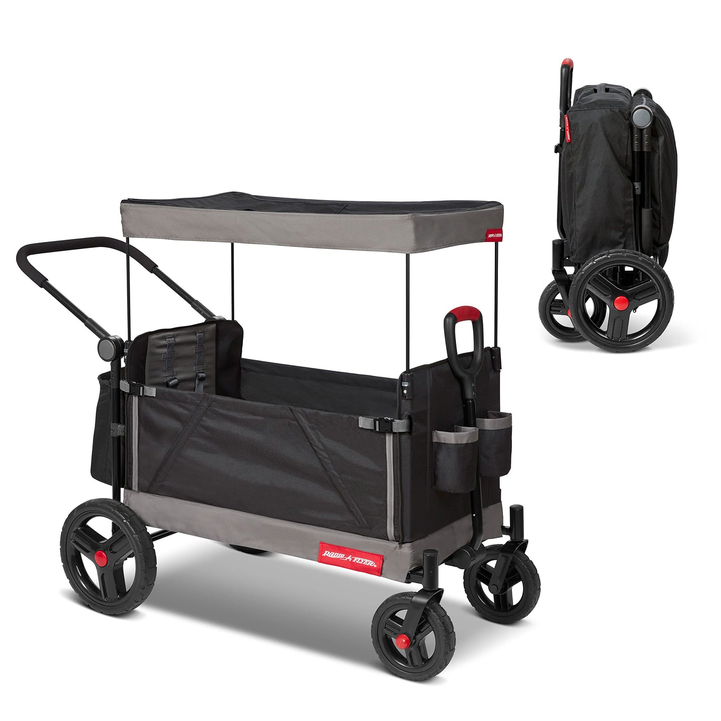 Radio Flyer Collapsible Folding Push And Pull Stroller Kids Wagon With Protective Canopy Cover And Travel Case For Ages 1 And Up, Black