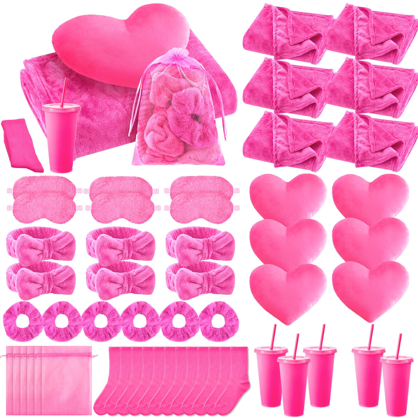 Fanfanwin 48 Pcs Sleepover Party Supplies Spa Birthday Slumber Party Favors 6 Throw Blanket 6 Headband 6 Heart Pillow 6 Scrunchi