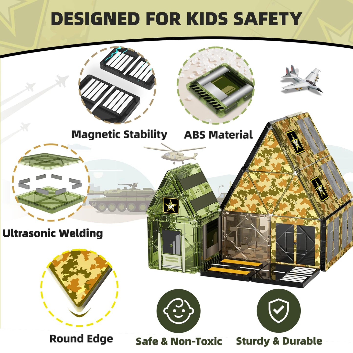 Gobidex 100 Pcs Magnetic Tiles Army Toys For Boys, Magnetic Building Blocks Army Men Playset, Stem Learning Construction Toys For Toddlers Kids Ages 3-5 4-8, Birthday Gifts For Boys Girls 3+ Years Old