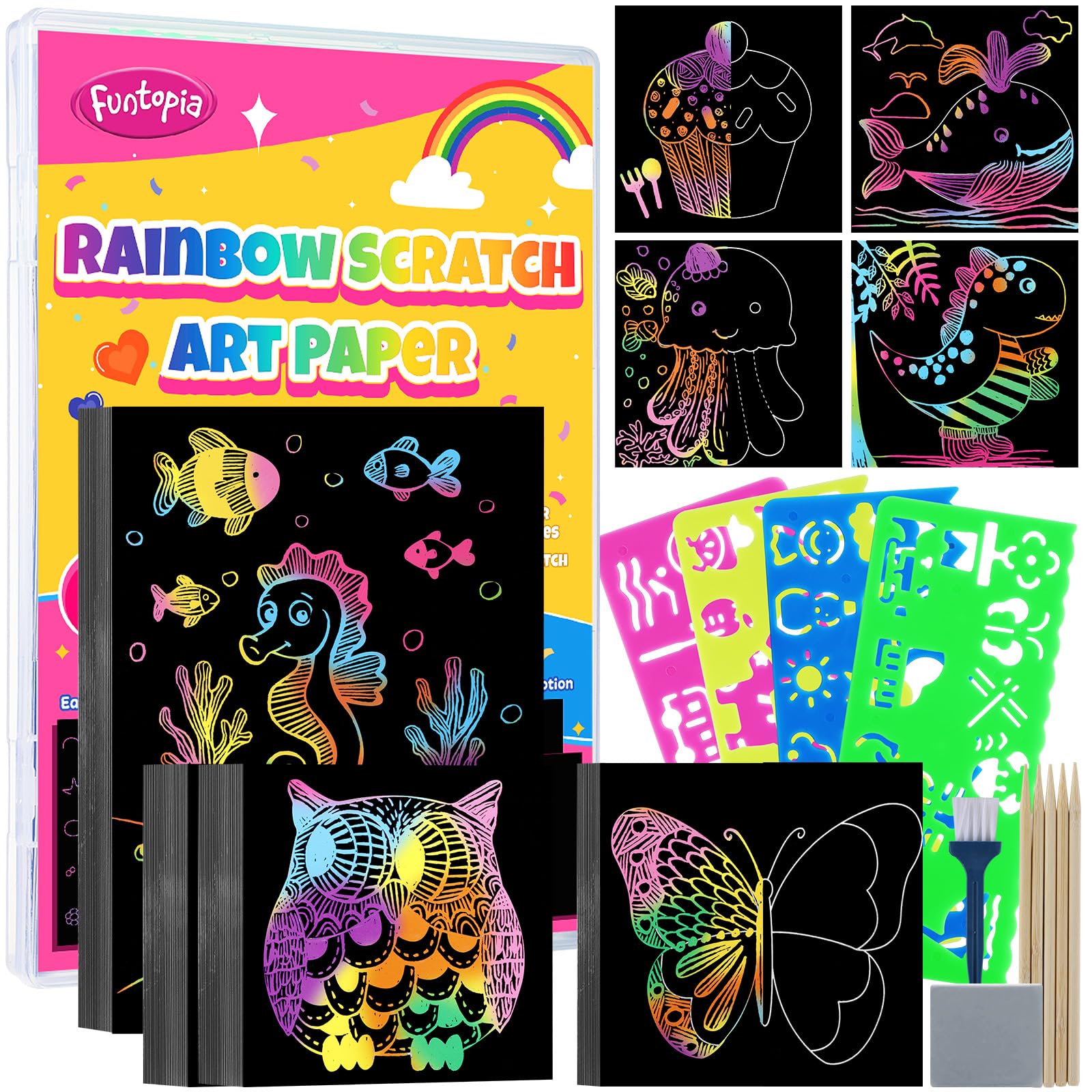 Scratch Art for Kids, Funtopia 100 Sheets Rainbow Scratch Paper, Black Scratch Off Paper Craft Kits, School Art Supplies Classro