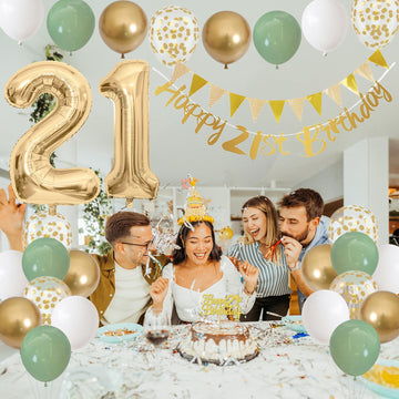 21St Birthday Decorations For Him Her, Happy 21St Birthday Banner With Birthday Cake Topper Number 21 Foil Balloon Sage Green Wh