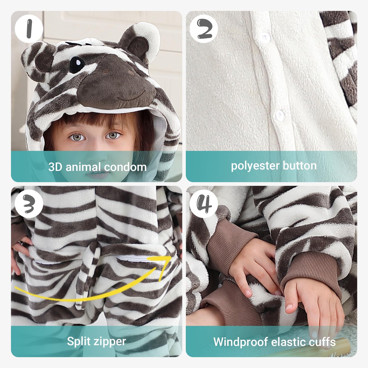 Michley Animal Hooded Romper Kids Flannel Halloween Cosplay Pajamas Costume 3-12T For Autumn Winter, Zebra, 7-8T, Size120