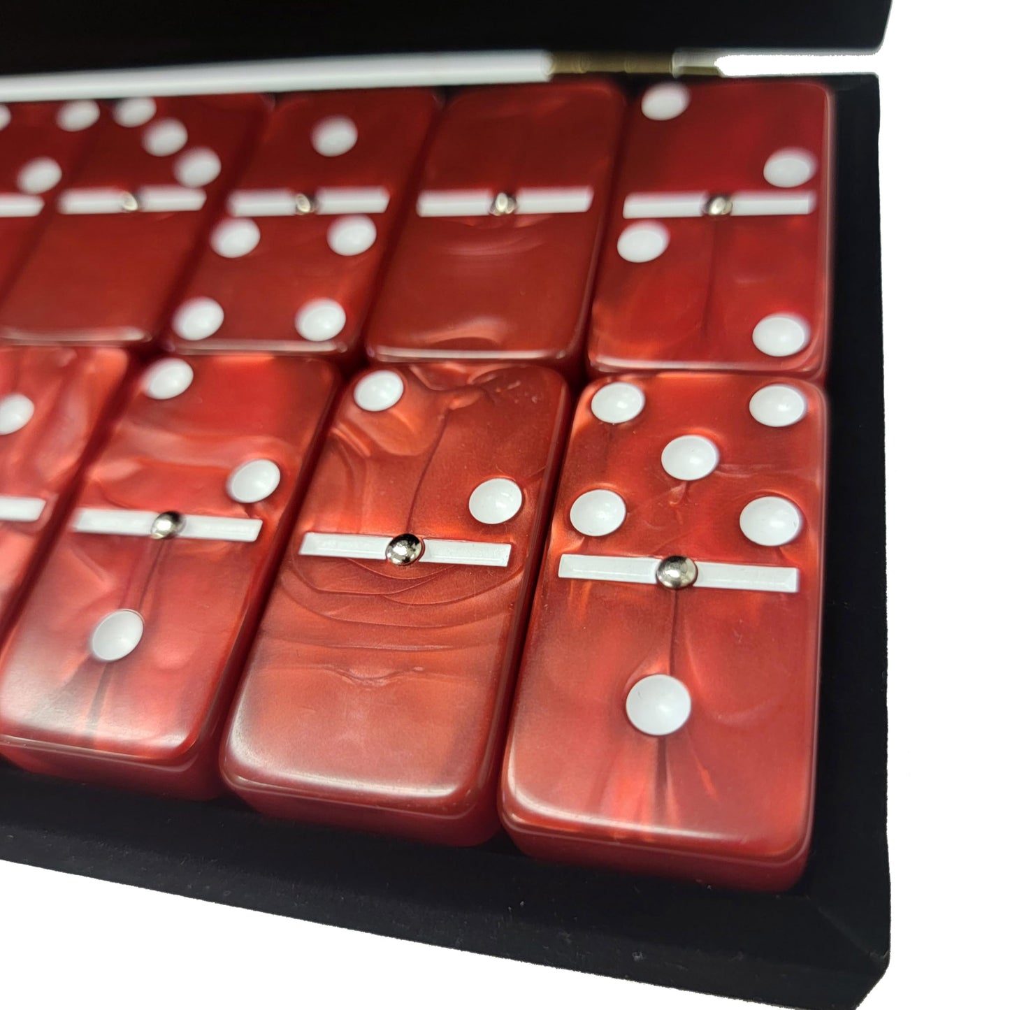 Domino Double 6 Red Marbleized Jumbo Tournament Professional Size W/Spinners In Elegant Black Velvet Case.
