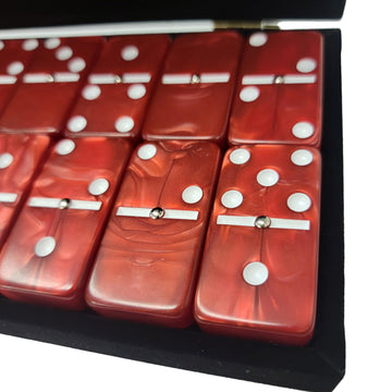 Domino Double 6 Red Marbleized Jumbo Tournament Professional Size W/Spinners In Elegant Black Velvet Case.
