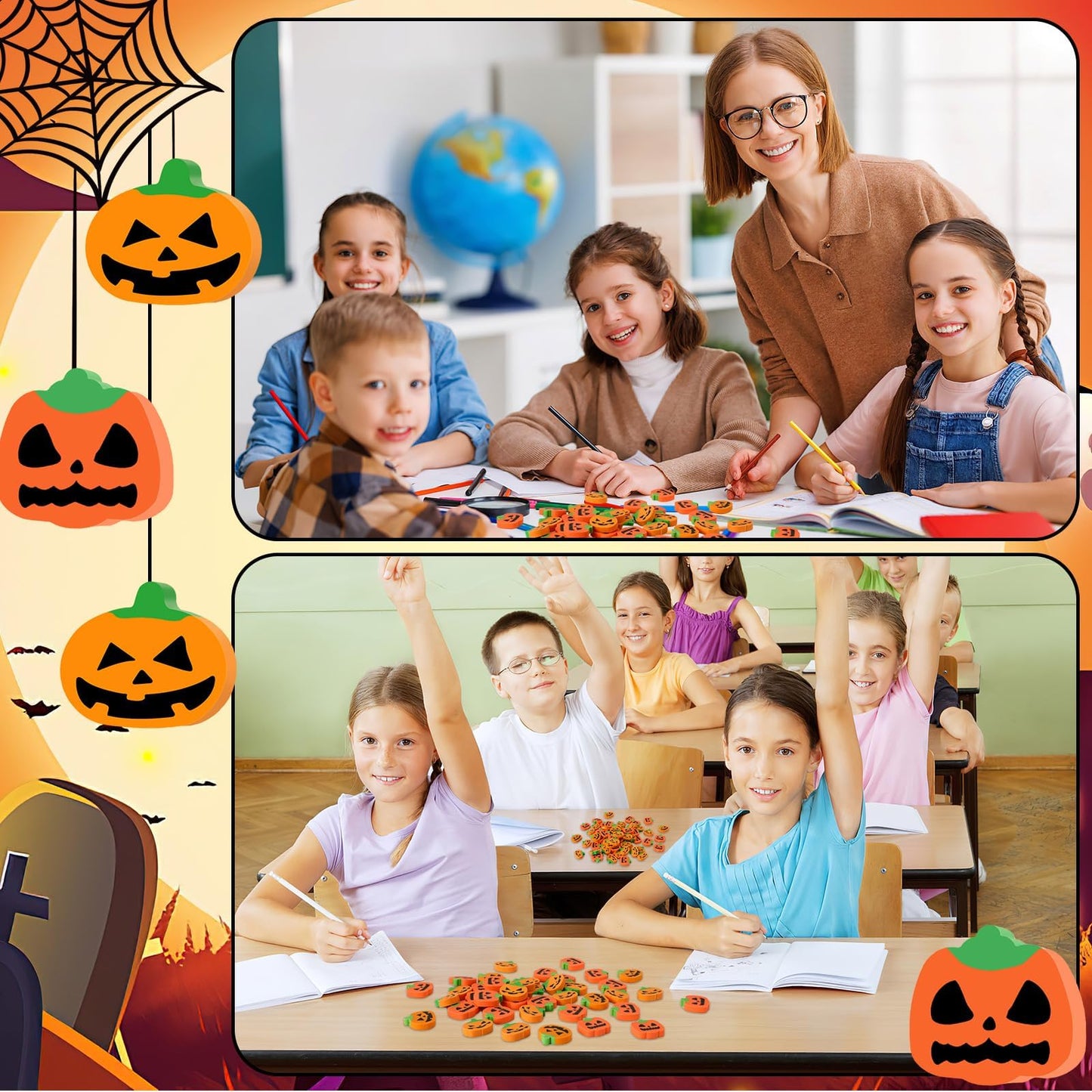 JUNEBRUSHS 65 Pcs Halloween Erasers, Large Cute Halloween Eraser Bulk for Kids Halloween Party Favors Cute Pumpkin Pencil Eraser