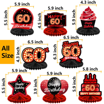 Happy 60th Birthday Red and Black Table Honeycomb Centerpieces Balloons Theme Decor Table Decorations Table Toppers for Girls Wo