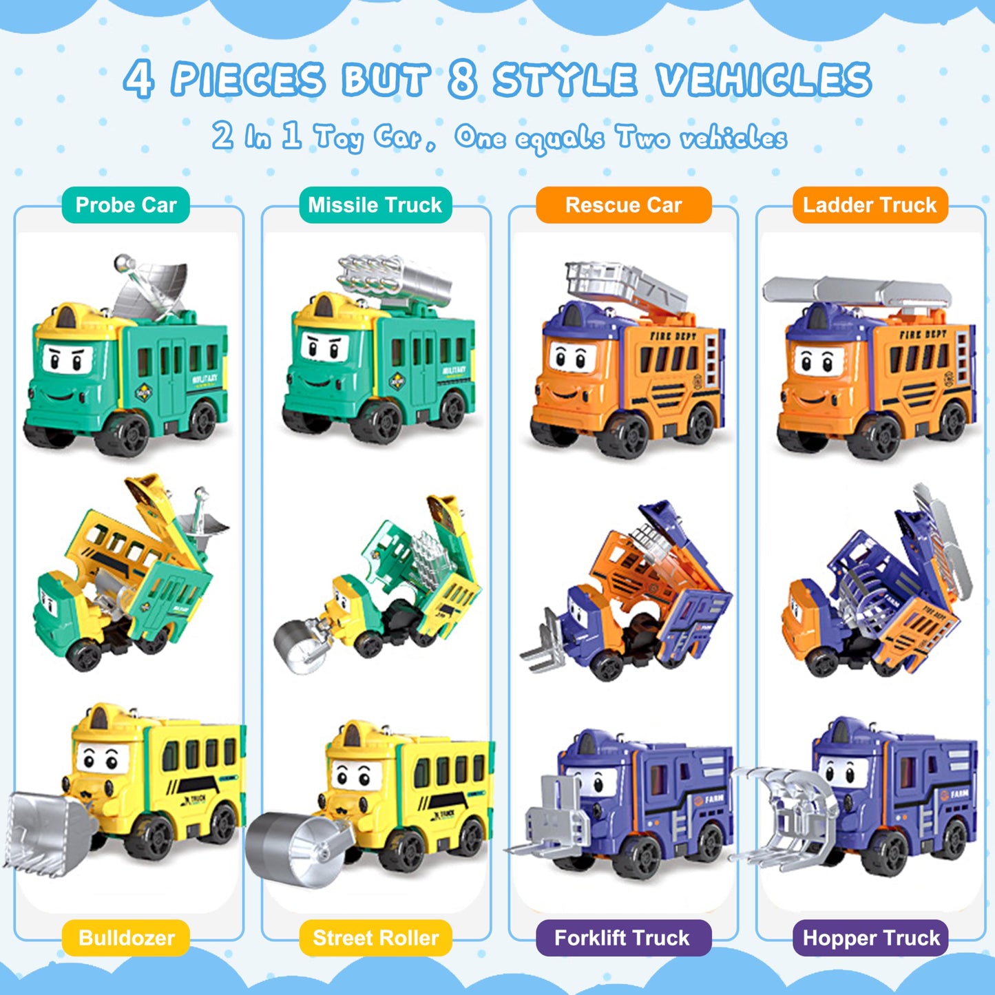 Smzhbf Flip Racers Transformable Cars 4 Pcs Cars For Kids Ages 3-5 Funny Toy Vehicle For Toddlers Pull Back Trucks Cute Christma